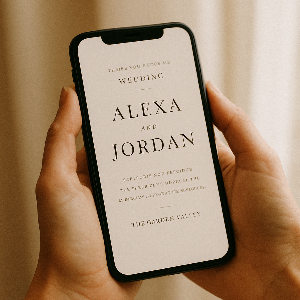 Hands holding a phone showing an elegant wedding invitation